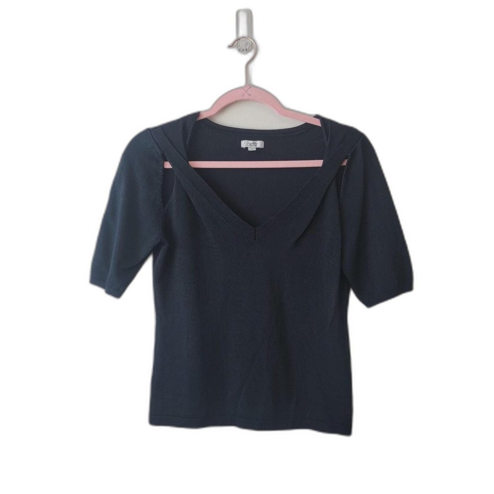 Cache V-Neck Cutout Top Black Navy Short Sleeve Size M